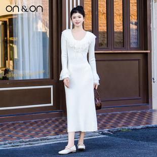 法式 新款 复古双层蕾丝荷叶边浪漫针织长裙 安乃安2025冬季 ON＆ON