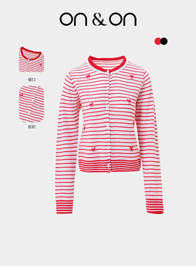 ON＆ON/安乃安2025冬季新款韩系圆领100%羊毛经典条纹针织开衫