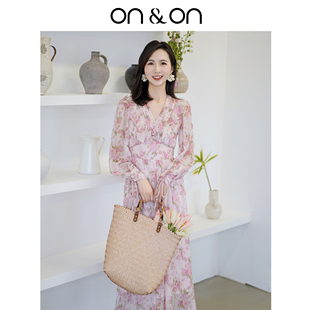 V领荷叶边碎花甜美收腰显瘦度假风连衣裙女 新款 ON＆ON 安乃安秋季