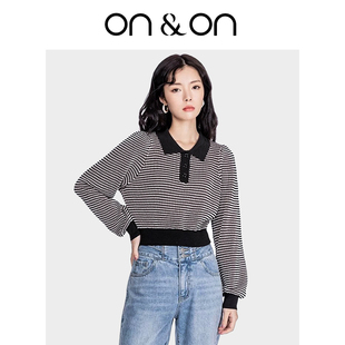 针织衫 ON＆ON 波尔卡圆点长袖 韩系微条纹泡泡袖 女 安乃安2025冬季