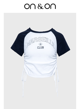 ON＆ON/安乃安夏季款圆领短袖抽绳简约印花撞色休闲短款T恤上衣