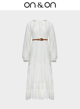 ON＆ON/安乃安2026春款法式温柔V领白色绣花茶歇腰带收腰连衣裙女