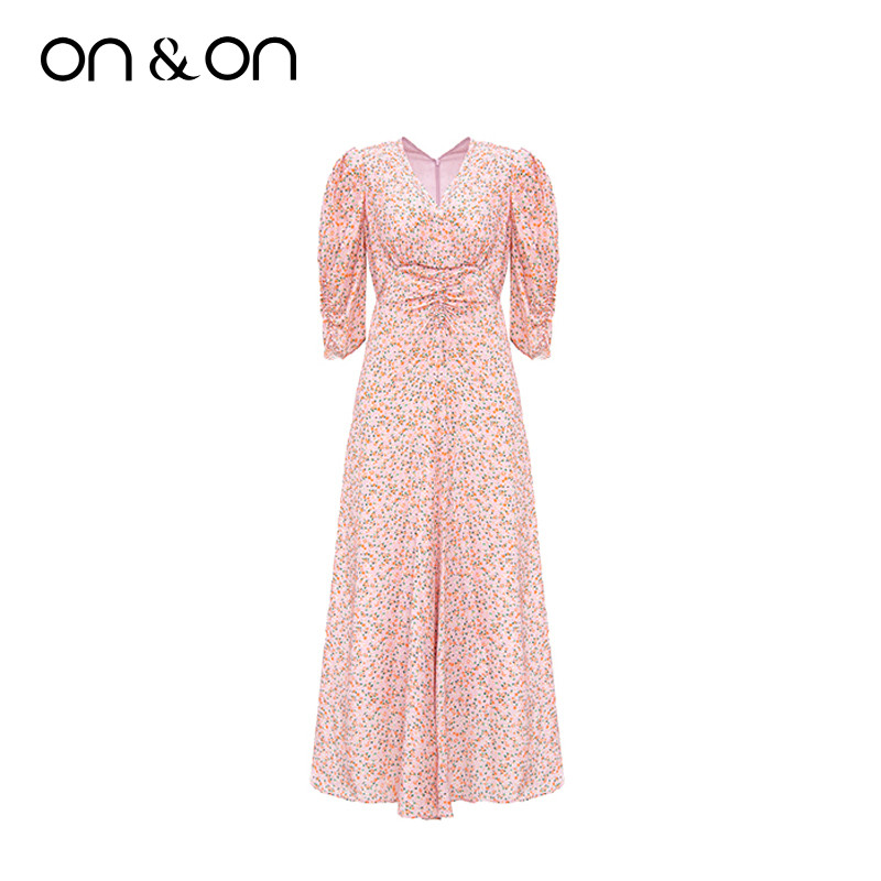 ON＆ON/安乃安夏季出游时尚V领女士抽褶气质减龄真丝桑蚕丝连衣裙,女装/女士精品,连衣裙,淘宝优惠券,粉丝福利购,淘宝优惠卷