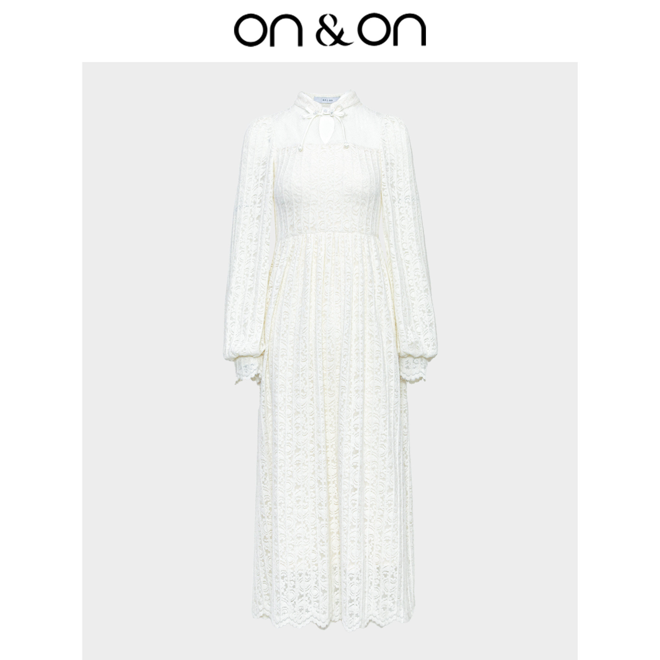 ON＆ON/安乃安冬季新款新中式盘扣领蕾丝修身压褶收腰A字连衣裙