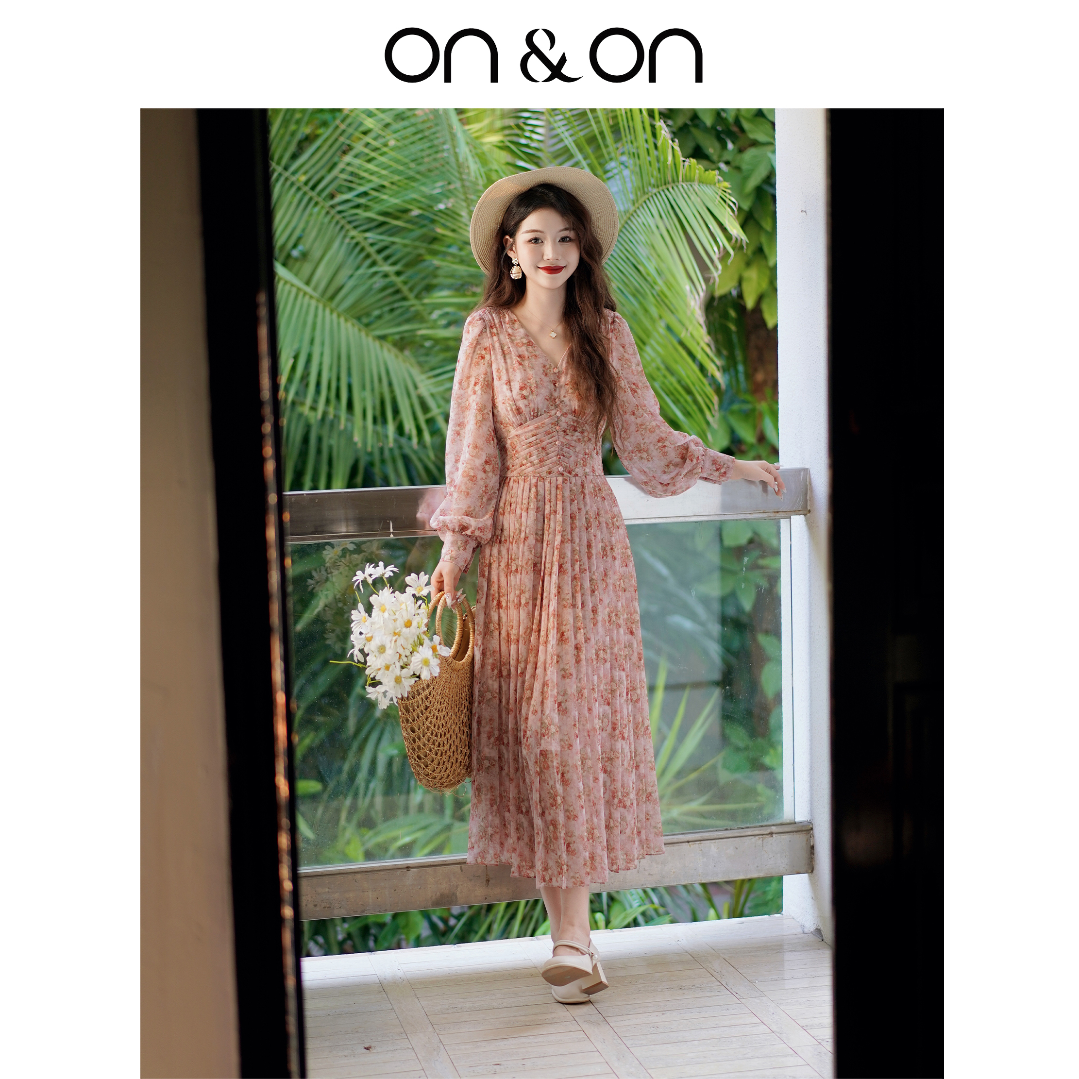 安乃安甜美碎花法式轻薄连衣裙女