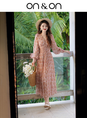 ON＆ON/安乃安2026春季新款法式收腰压褶遮肉轻薄防晒玫瑰连衣裙