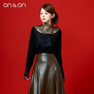 安乃安2025冬季 针织打底衫 新款 浪漫蕾丝拼接时尚 女 法式 ON＆ON
