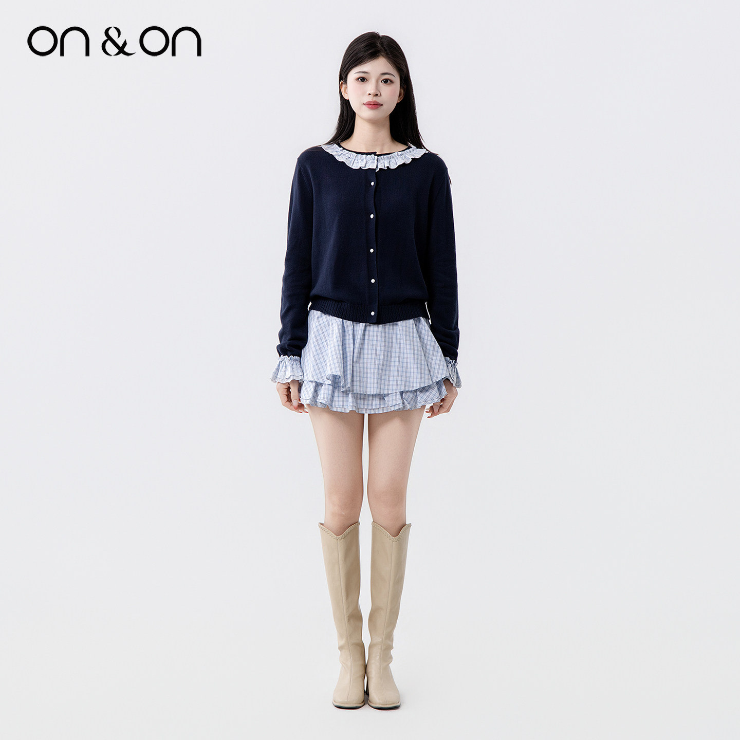 ON＆ON/安乃安2026春季新款韩系撞色木耳边减龄miu系学院