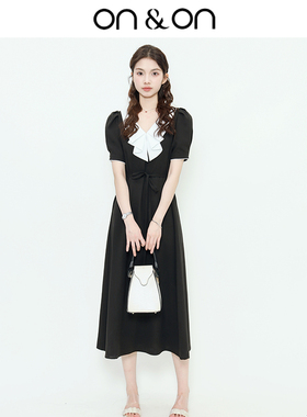 ON＆ON/安乃安2026春季新款法式别致荷叶V领黑色收腰显瘦连衣裙女