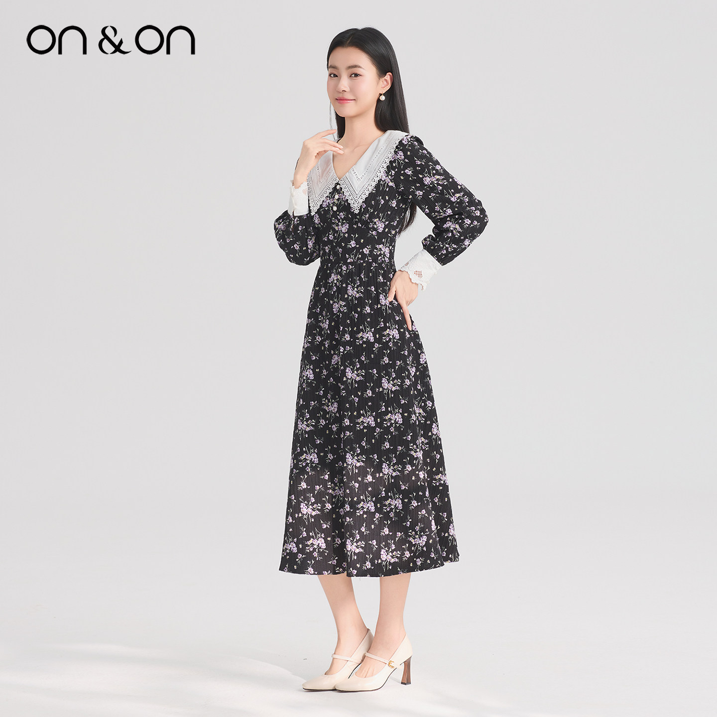 ON＆ON/安乃安2026春夏新款韩系经典时尚显瘦撞色翻领碎花连