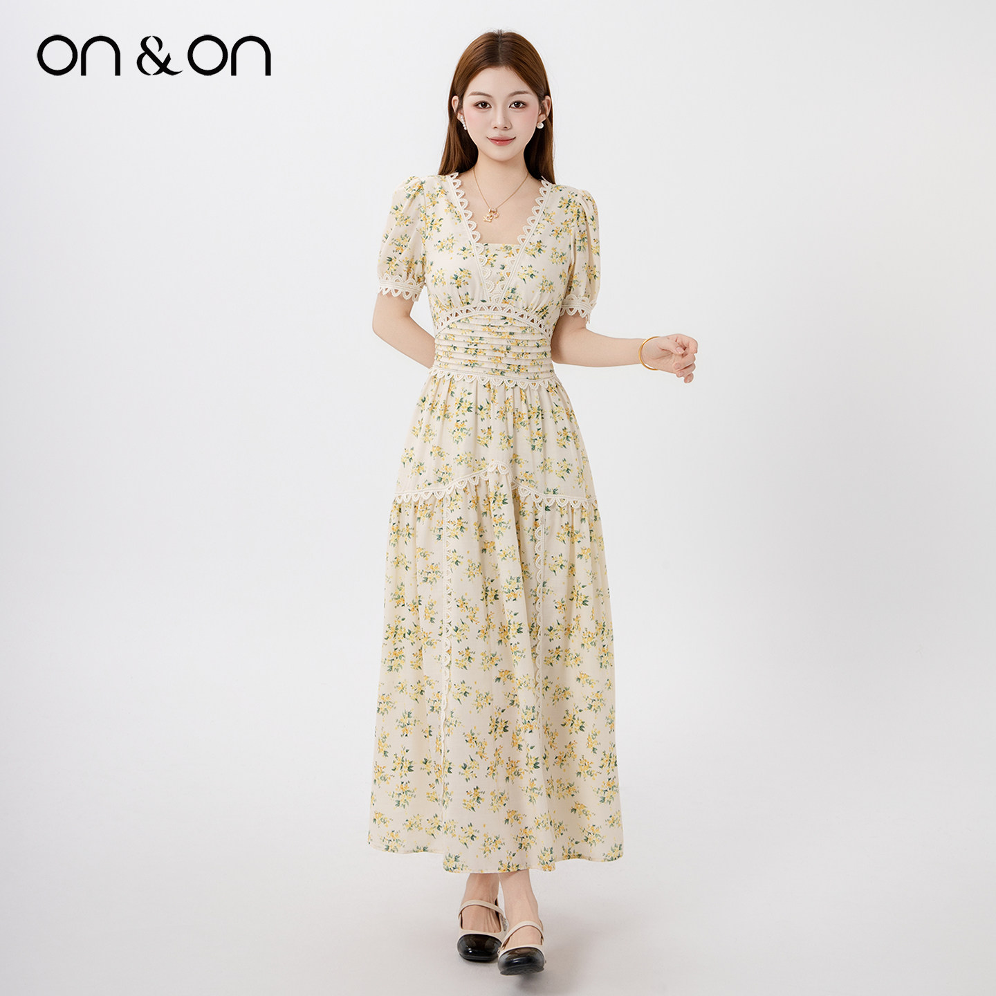 ON＆ON/安乃安2026春夏新款韩系复古收腰显瘦气质田园碎花连