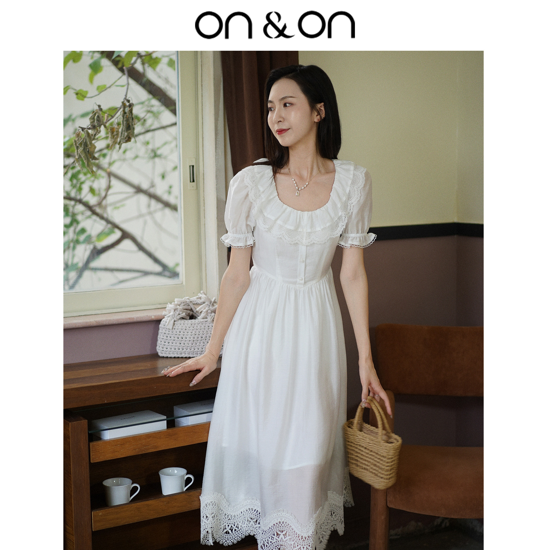 安乃安少女感荷叶边蕾丝连衣裙女