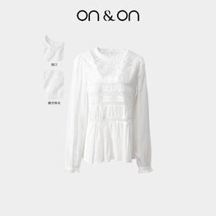 韩系圆领蕾丝镂空绣花拼接甜美风小衫 新款 安乃安2025秋季 ON＆ON