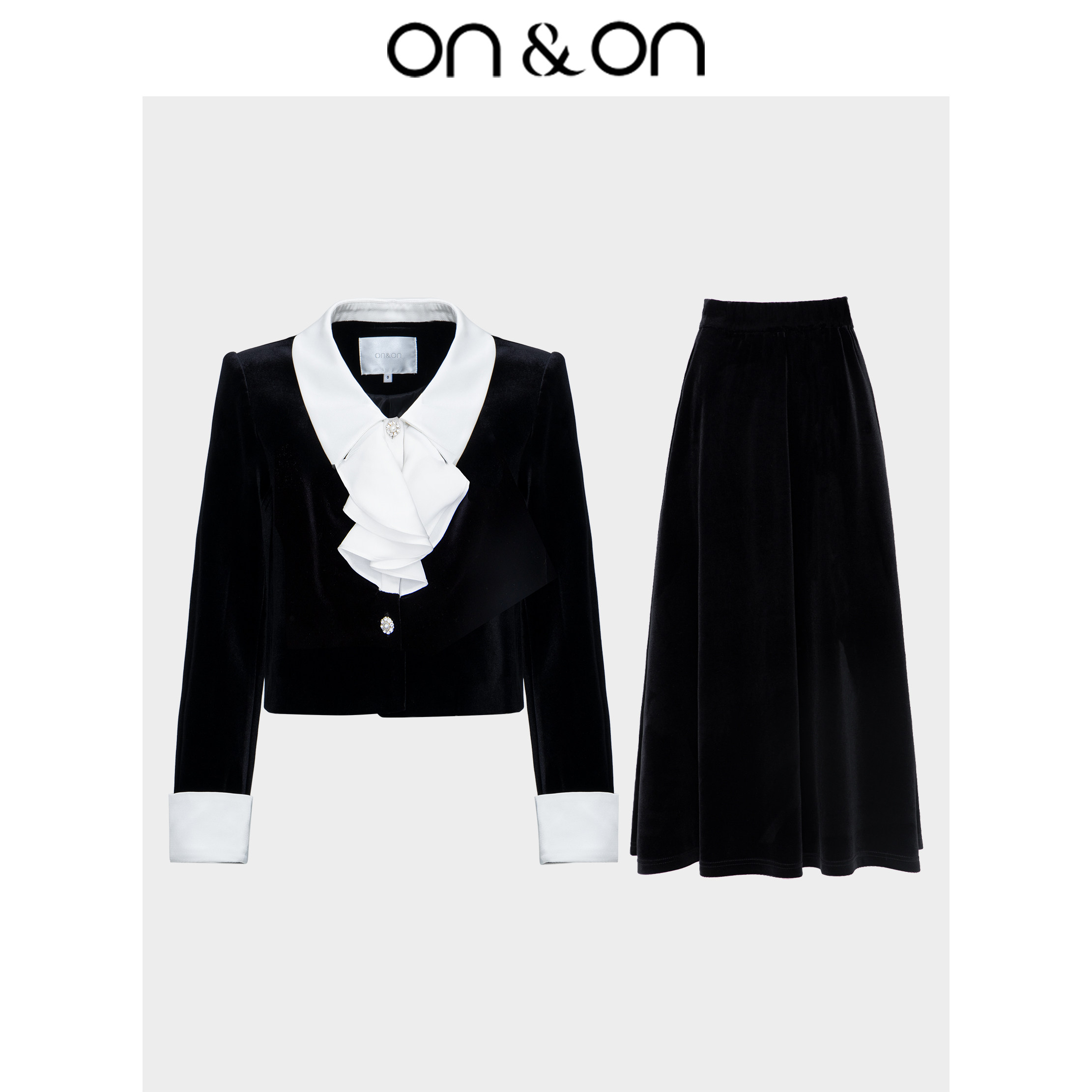 ON＆ON/安乃安春季新款丝绒撞色拼接翻领时尚轻奢小个子可穿套装