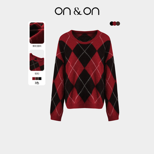 韩系圆领时尚 新款 复古百搭菱形纹套头毛衣 安乃安2025冬季 ON＆ON
