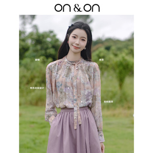 韩系复古圆领系带时尚 新款 气质印花衬衣女 安乃安2025秋季 ON＆ON