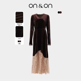 韩系V领时尚 新款 气质系带收腰丝绒连衣裙女 安乃安2025冬季 ON＆ON
