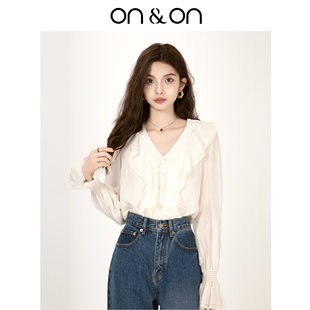 通勤气质感系带百搭珍珠扣衬衫 ON＆ON 长袖 新款 女 安乃安2025秋季