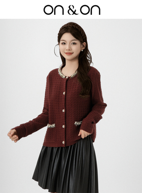 ON＆ON/安乃安【舒心】新款韩系圆领重工钉珠时尚撞色短针织开衫