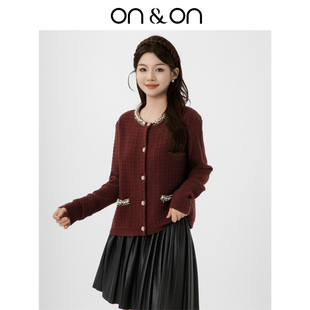 撞色短针织开衫 ON＆ON 韩系圆领重工钉珠时尚 新款 安乃安2025冬季