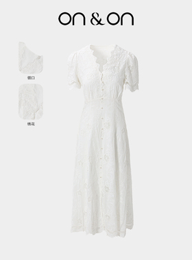 ON＆ON/安乃安2025夏季新款法式V领蕾丝木耳边绣花收腰气质连衣裙