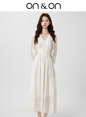 ON＆ON/安乃安2026春季新款韩系V领蕾丝绣花钉珠纯色气质感连衣裙