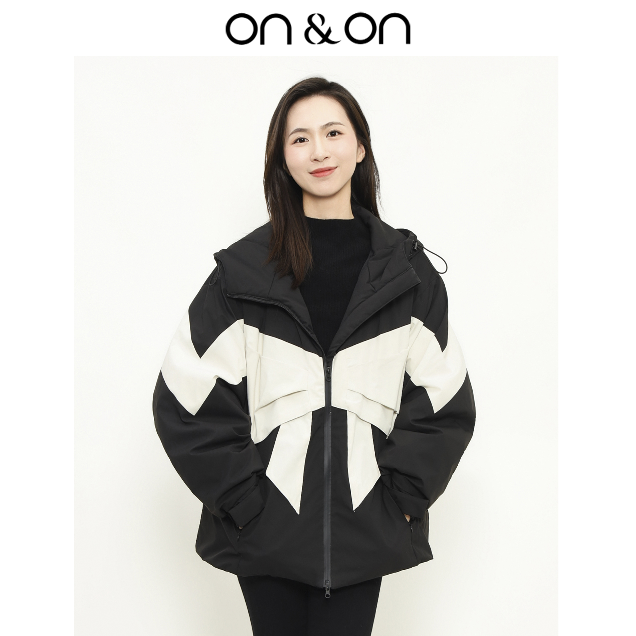 韩系连帽蝴蝶结羽绒冲锋衣外套