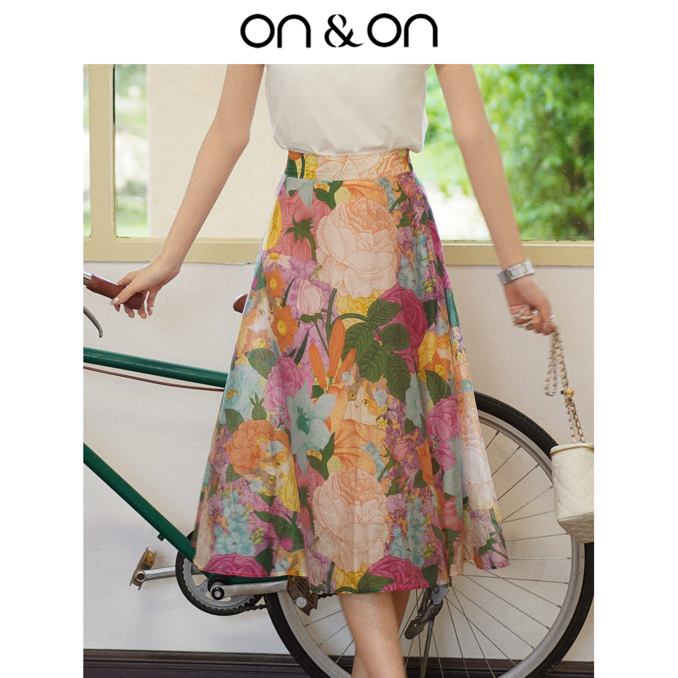 ON＆ON/安乃安2025夏季新款韩系复古精致度假风印花高腰A字