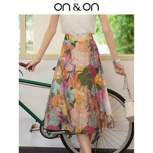 韩系复古精致度假风印花高腰A字半身裙 新款 ON＆ON 安乃安2026春季