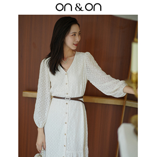 韩系V领排扣腰带收腰显瘦高智风连衣裙 新款 ON＆ON 安乃安2026春季