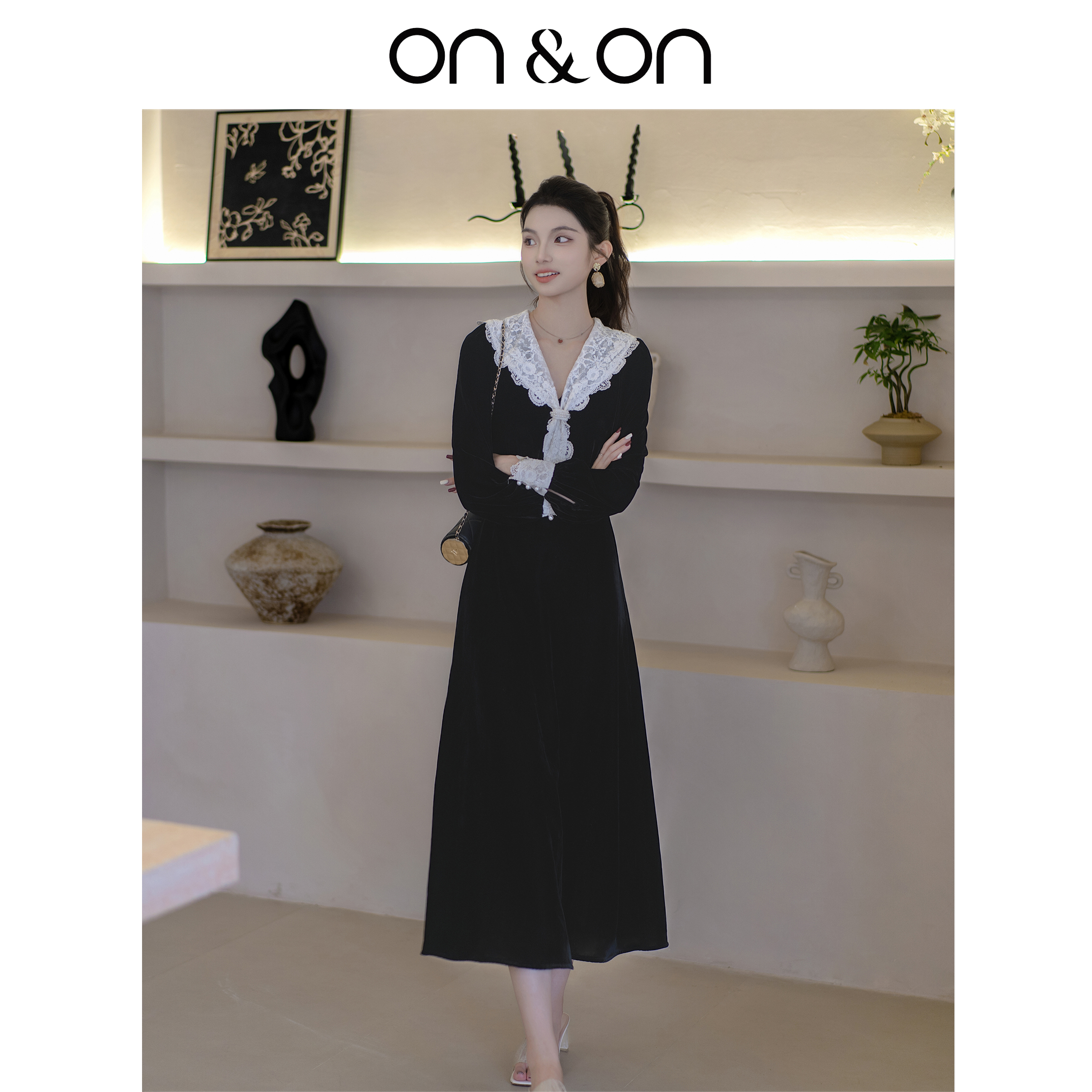 安乃安法式复古经典黑色丝绒长裙