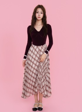 ON＆ON/安乃安2026春季新款韩系复古高密针织格纹拼接撞色连衣裙