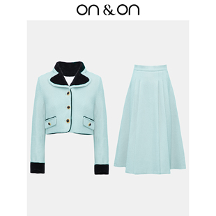 ON＆ON 百褶高腰裙 安乃安韩系气质感撞色小香风毛呢羽绒短外套