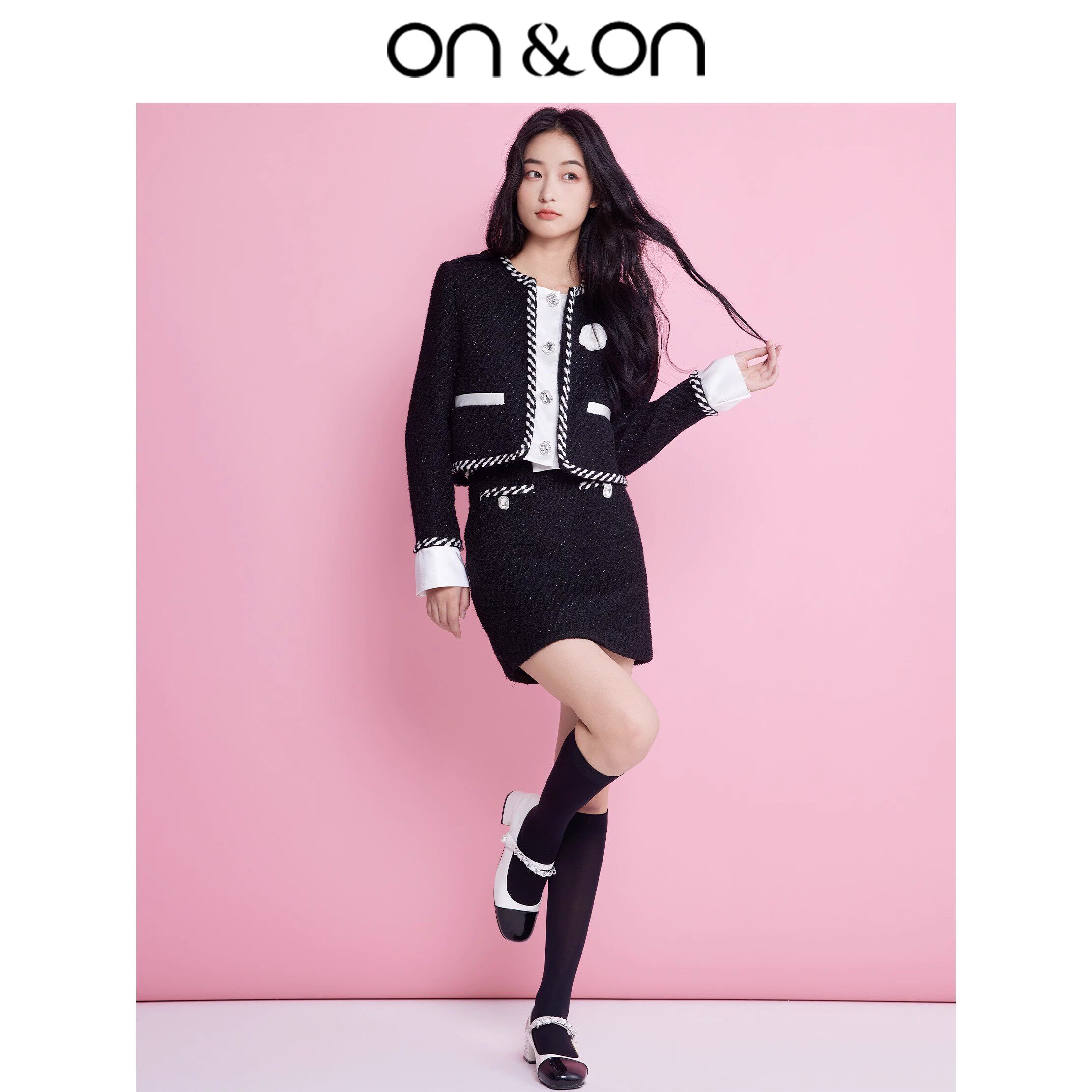 ON＆ON/安乃安2026春季新款撞色编织小香风假两件羊毛时尚套