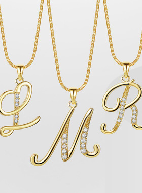 新款欧美26个字母创意简约合金镶钻蛇链金色项链高级锁骨链女