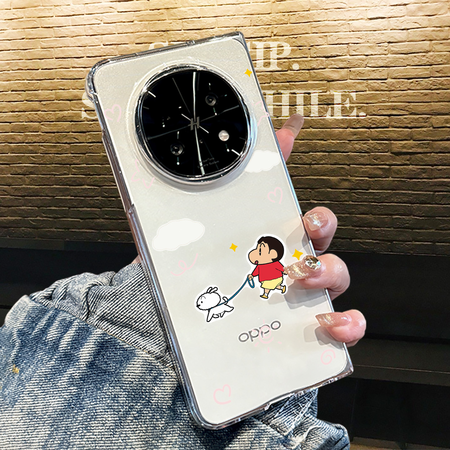 适用oppofindn5小清新情侣手机壳遛狗蜡笔小新findn5高级感新款折叠屏findn3典藏版超薄透明女款n5适合夏天n3