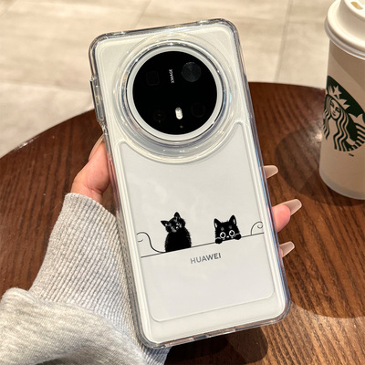适用华为mate70pro+的新款手机壳简约黑猫mt70por小众女款保护套meta60高级感透明50e全包防摔40epro硅胶外壳