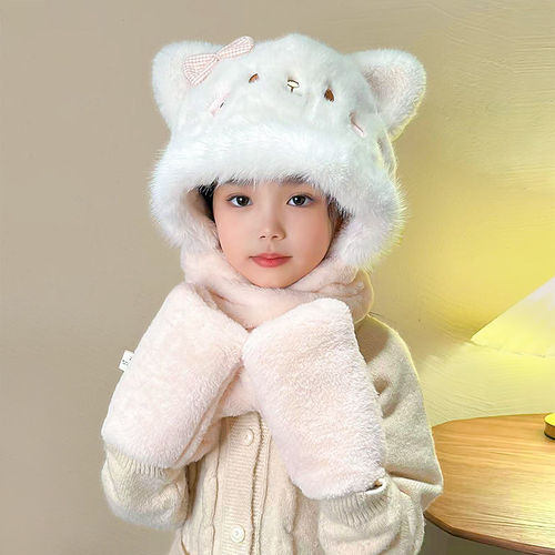 儿童帽子围巾手套一体帽冬季可爱猫咪宝宝毛绒帽三件套女童护耳帽