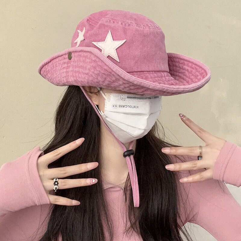 做旧水洗西部牛仔帽女情侣户外登山帽五角星渔夫帽夏季防晒遮阳帽