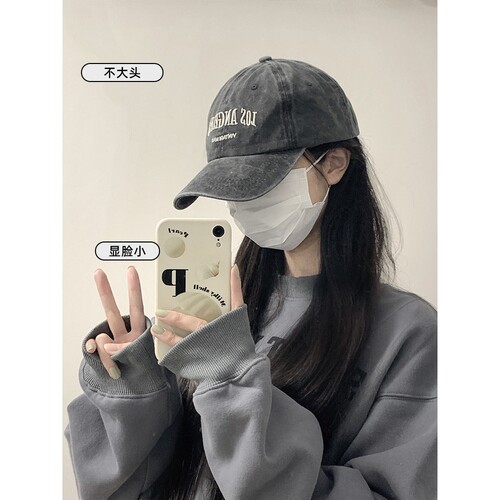 ins复古灰色棒球帽子女款夏季美式水洗大头围潮百搭显脸小鸭舌帽