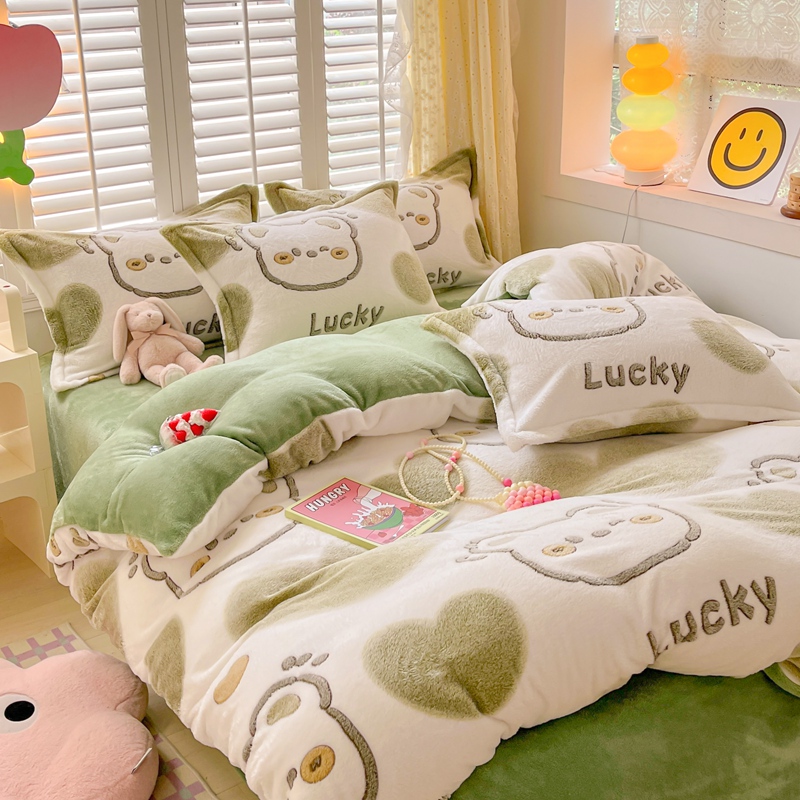 极速冬季双面牛奶珊瑚绒牀上四A件套立体雪花绒牀品加绒被套三件