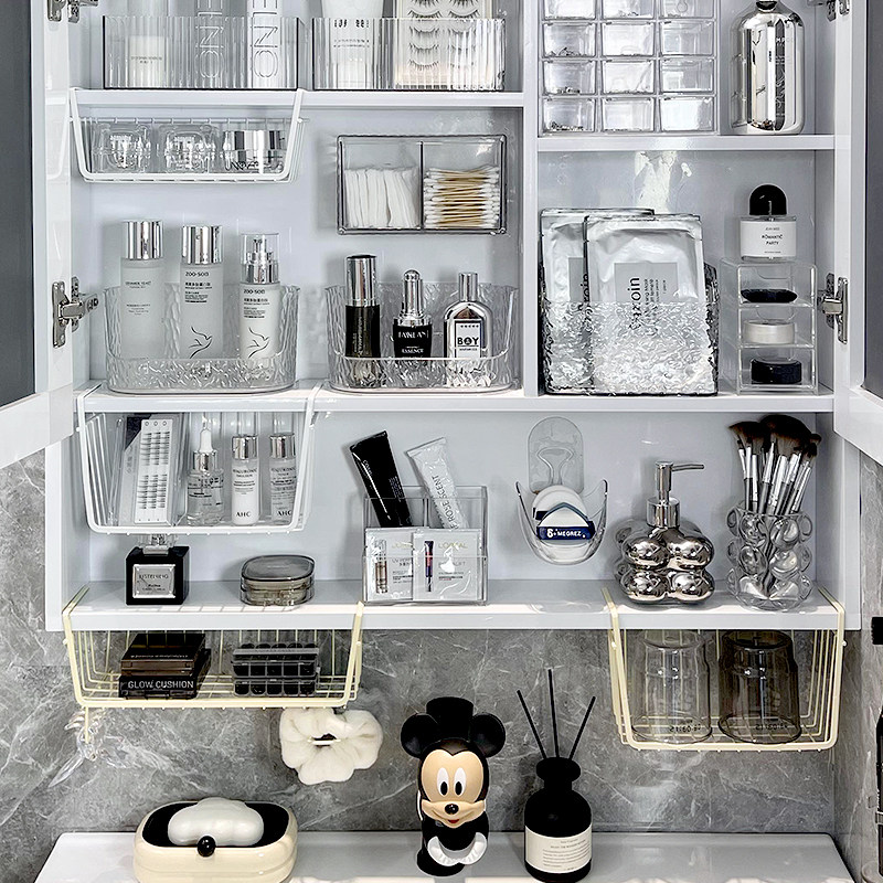 新品镜柜收纳神器镜柜内挂篮奶油风置物架护肤Q品收纳化妆品面膜