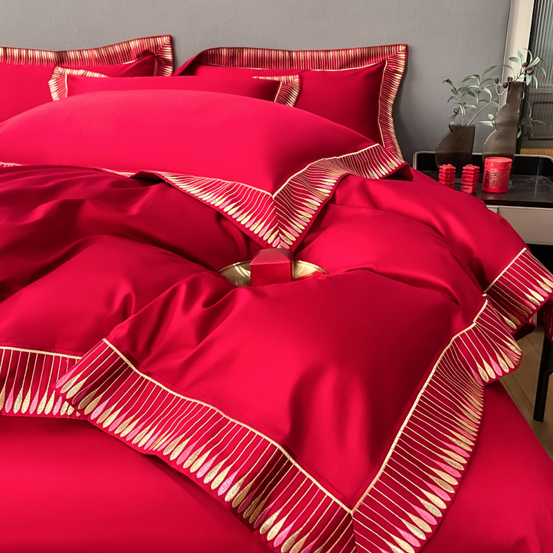 极速简约喜字刺绣婚庆四件套大红色结婚K陪嫁被套床单新婚喜嫁床