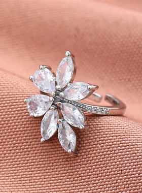 极速2023欧美铜微镶锆石戒指少女不掉色开口戒花卉食指W戒手饰rin