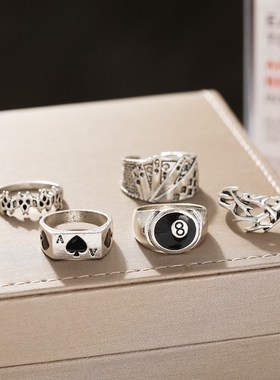 极速5pcs set rings men扑克牌戒指复古黑桃纸牌U关节戒指套装5件