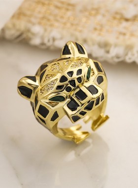 极速澳古  跨境欧m美轻奢嘻哈豹子戒指女真金电镀锆石小众个性戒