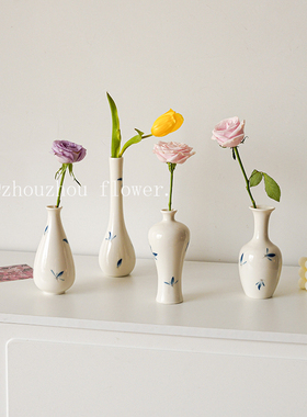 新品新中式百搭手绘蝴蝶r兰花小花瓶水养插花桌面花器客厅餐桌装