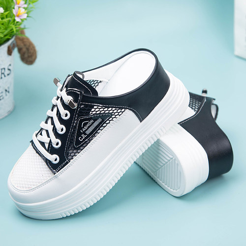 新品包头外穿半拖鞋女2023夏季网纱透气懒人一Q脚蹬内增高坡跟小