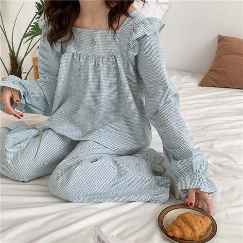 新品睡衣女日系甜美闺蜜睡衣女2z022年春秋薄款纯棉夏季家居服套