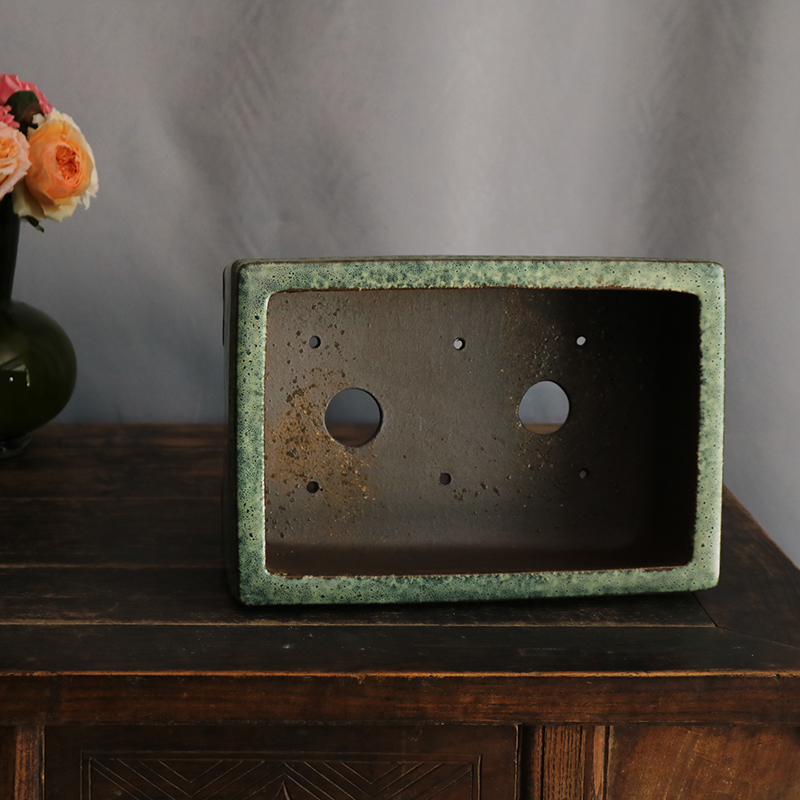 极速玲珑紫砂长方浦口马槽盆高温C柴烧窑变绿釉盆松柏黄杨l罗汉松